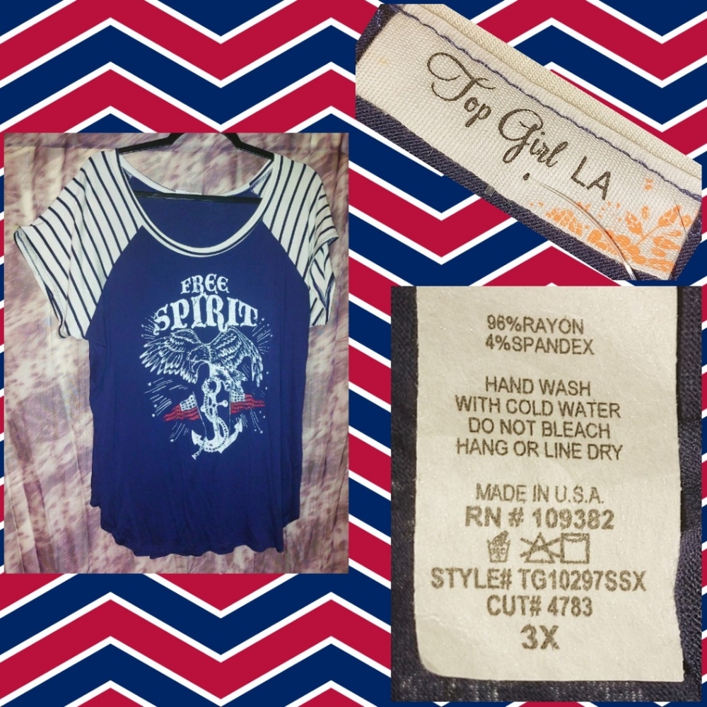Top Girl LA Navy Blue/Wht/Red Colorblock Free Spirit Knit Football Style Tee 3X